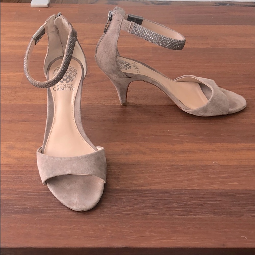 Vince Camuto beige heels with sparkly ankle strap.